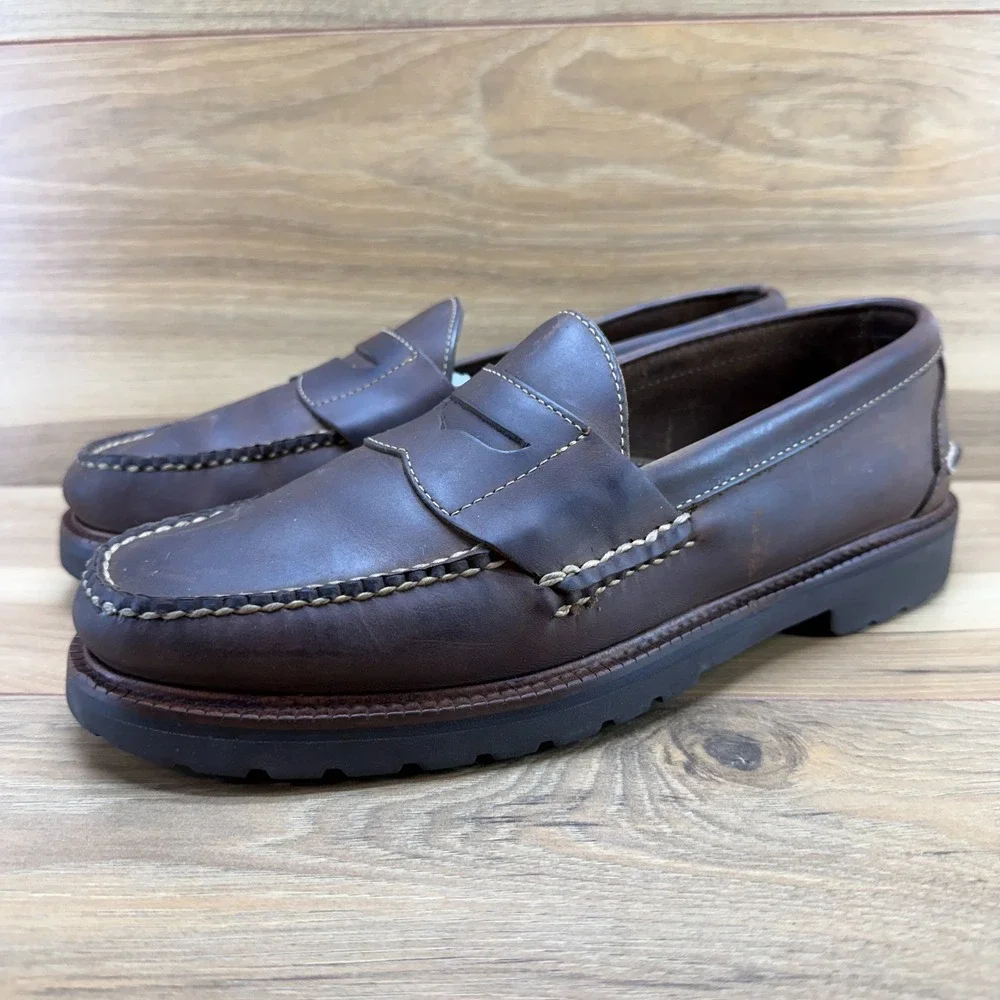 LL BEAN Allagash Penny Loafers Mens 9.5 D Brown Leather Handsewn Lug Sole Casual